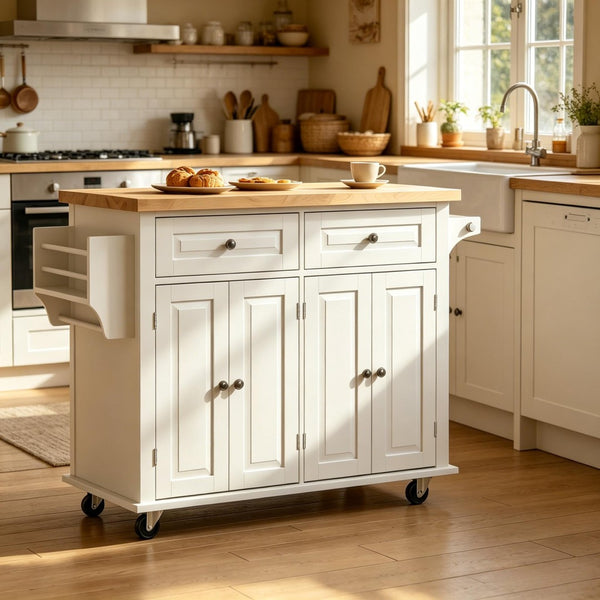 English Elm Modern Rolling Kitchen Island with Rubberwood Top Drawers Cabinets and Spice Rack T3971P517899