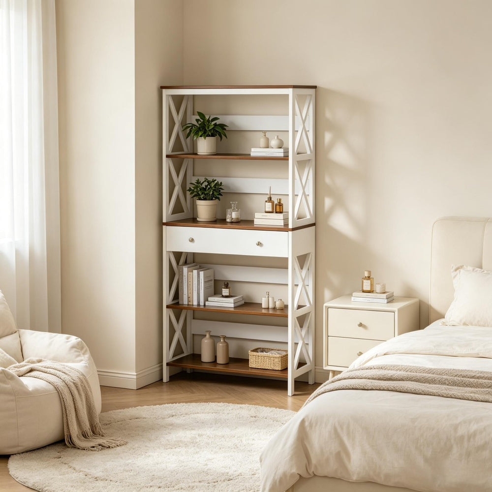 English Elm Chic Four Tier Farmhouse Bookshelf with Bottom Drawer and X Frame Two Tone Design T3971P518080