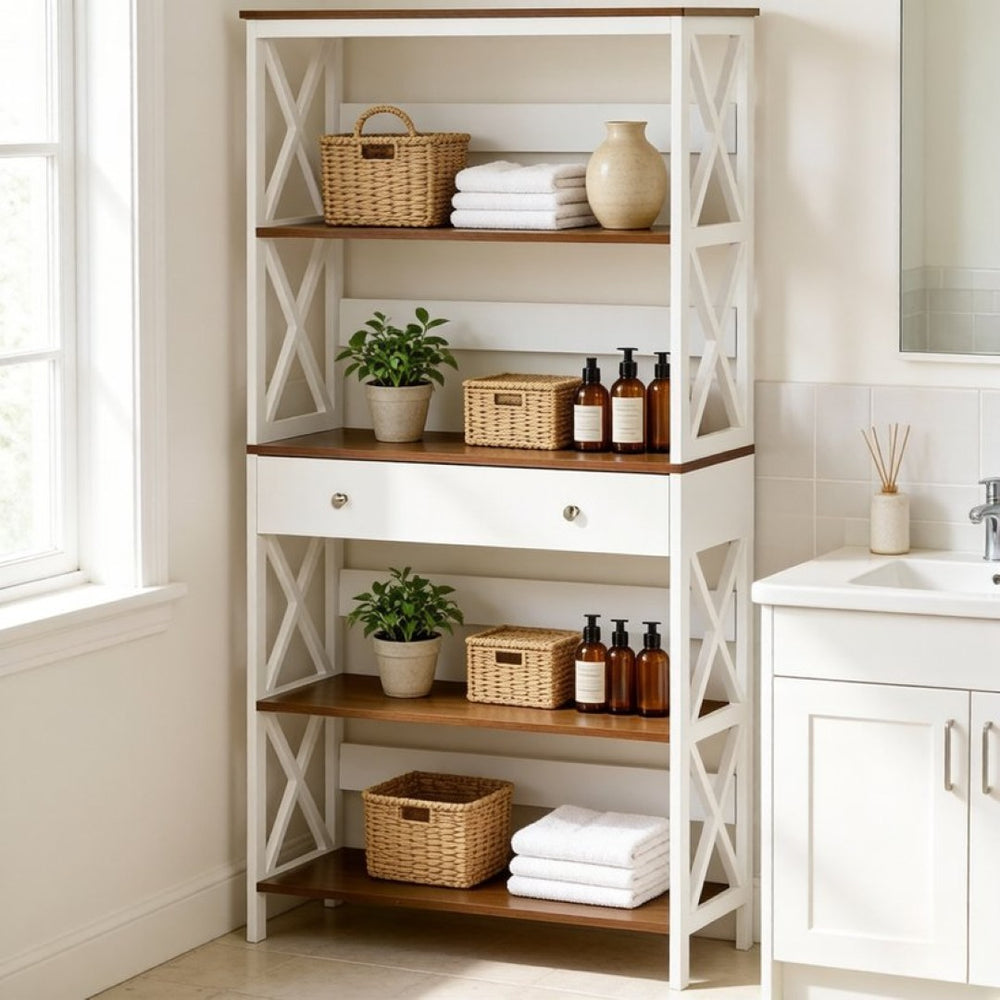 English Elm Chic Four Tier Farmhouse Bookshelf with Bottom Drawer and X Frame Two Tone Design T3971P518080