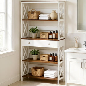 English Elm Chic Four Tier Farmhouse Bookshelf with Bottom Drawer and X Frame Two Tone Design T3971P518080