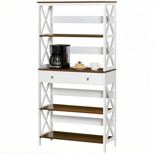 English Elm Chic Four Tier Farmhouse Bookshelf with Bottom Drawer and X Frame Two Tone Design T3971P518080