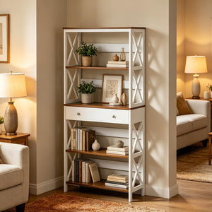 English Elm Chic Four Tier Farmhouse Bookshelf with Bottom Drawer and X Frame Two Tone Design T3971P518080