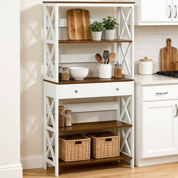 English Elm Chic Four Tier Farmhouse Bookshelf with Bottom Drawer and X Frame Two Tone Design T3971P518080