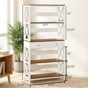 English Elm Chic Four Tier Farmhouse Bookshelf with Bottom Drawer and X Frame Two Tone Design T3971P518080