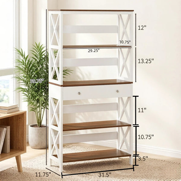 English Elm Chic Four Tier Farmhouse Bookshelf with Bottom Drawer and X Frame Two Tone Design T3971P518080