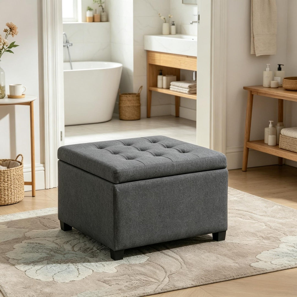 English Elm Vintage Tufted Round Storage Ottoman Linen Upholstered Bench for Bedroom Entryway T3971P518217