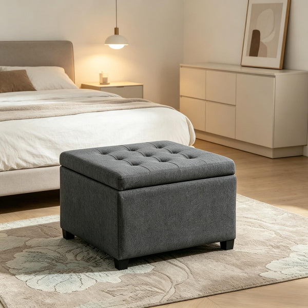 English Elm Vintage Tufted Round Storage Ottoman Linen Upholstered Bench for Bedroom Entryway T3971P518217