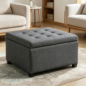 English Elm Vintage Tufted Round Storage Ottoman Linen Upholstered Bench for Bedroom Entryway T3971P518217