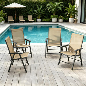 English Elm Garden Folding Outdoor Chairs Set of Four with Mesh Sling Seats and Steel Frames T3971P519238