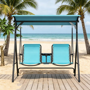 English Elm Canopy Porch Swing Seat for Two with Steel A-frame Mesh Back and Bungee Suspension T3971P519360