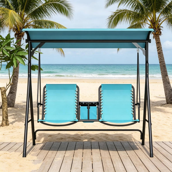 English Elm Canopy Porch Swing Seat for Two with Steel A-frame Mesh Back and Bungee Suspension T3971P519360