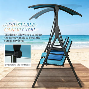 English Elm Canopy Porch Swing Seat for Two with Steel A-frame Mesh Back and Bungee Suspension T3971P519360
