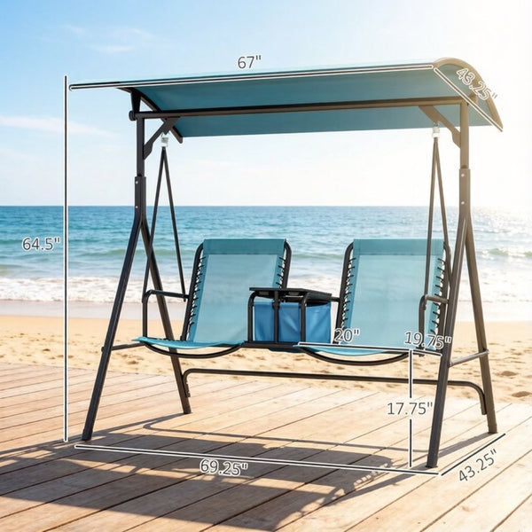 English Elm Canopy Porch Swing Seat for Two with Steel A-frame Mesh Back and Bungee Suspension T3971P519360