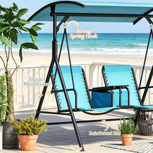 English Elm Canopy Porch Swing Seat for Two with Steel A-frame Mesh Back and Bungee Suspension T3971P519360