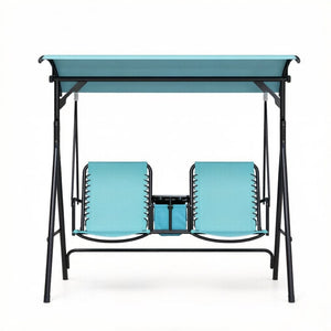 English Elm Canopy Porch Swing Seat for Two with Steel A-frame Mesh Back and Bungee Suspension T3971P519360