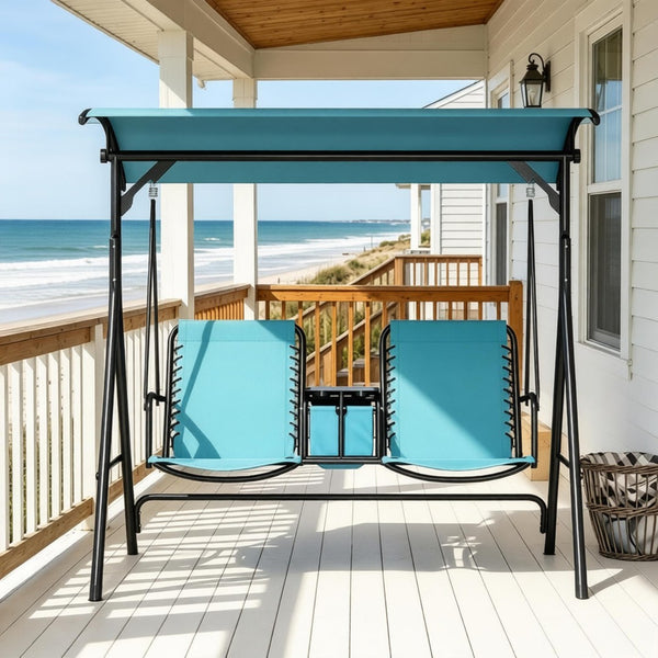 English Elm Canopy Porch Swing Seat for Two with Steel A-frame Mesh Back and Bungee Suspension T3971P519360