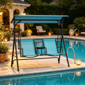 English Elm Canopy Porch Swing Seat for Two with Steel A-frame Mesh Back and Bungee Suspension T3971P519360