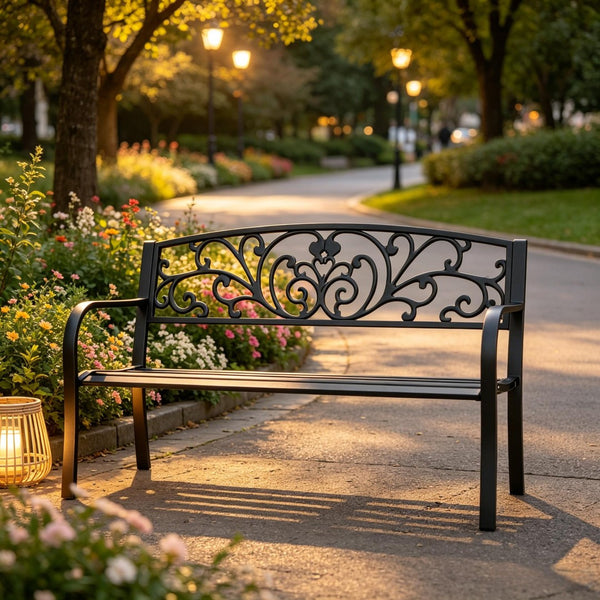 English Elm Stylish Two-seat Steel Garden Bench with Floral Backrest and Powder-coated Matte Finish T3971P523864