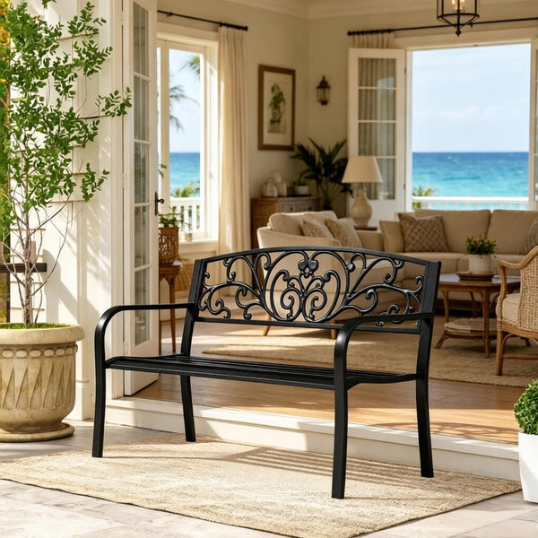 English Elm Stylish Two-seat Steel Garden Bench with Floral Backrest and Powder-coated Matte Finish T3971P523864