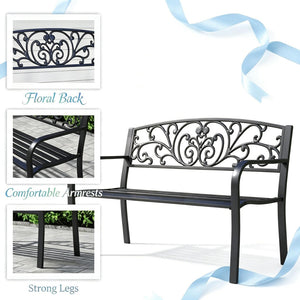 English Elm Stylish Two-seat Steel Garden Bench with Floral Backrest and Powder-coated Matte Finish T3971P523864