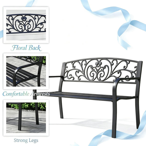 English Elm Stylish Two-seat Steel Garden Bench with Floral Backrest and Powder-coated Matte Finish T3971P523864