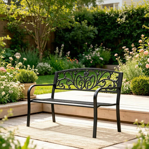 English Elm Stylish Two-seat Steel Garden Bench with Floral Backrest and Powder-coated Matte Finish T3971P523864
