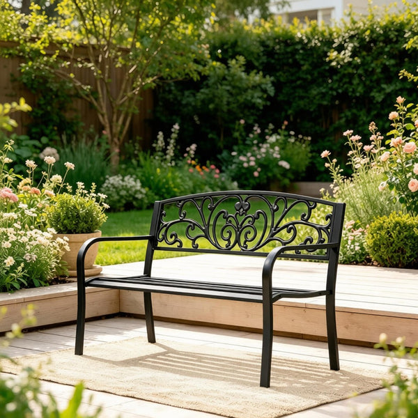 English Elm Stylish Two-seat Steel Garden Bench with Floral Backrest and Powder-coated Matte Finish T3971P523864