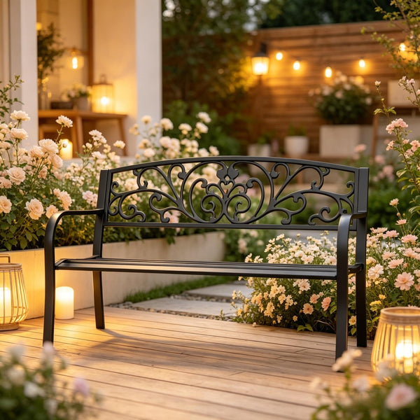 English Elm Stylish Two-seat Steel Garden Bench with Floral Backrest and Powder-coated Matte Finish T3971P523864