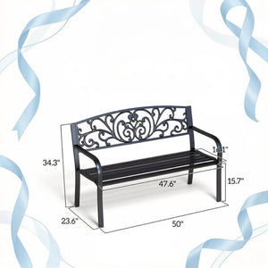 English Elm Stylish Two-seat Steel Garden Bench with Floral Backrest and Powder-coated Matte Finish T3971P523864