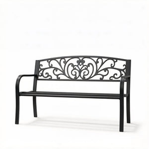 English Elm Stylish Two-seat Steel Garden Bench with Floral Backrest and Powder-coated Matte Finish T3971P523864