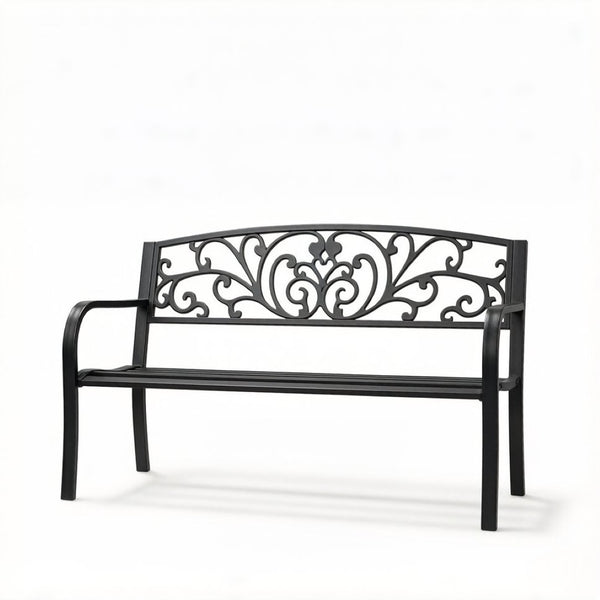 English Elm Stylish Two-seat Steel Garden Bench with Floral Backrest and Powder-coated Matte Finish T3971P523864