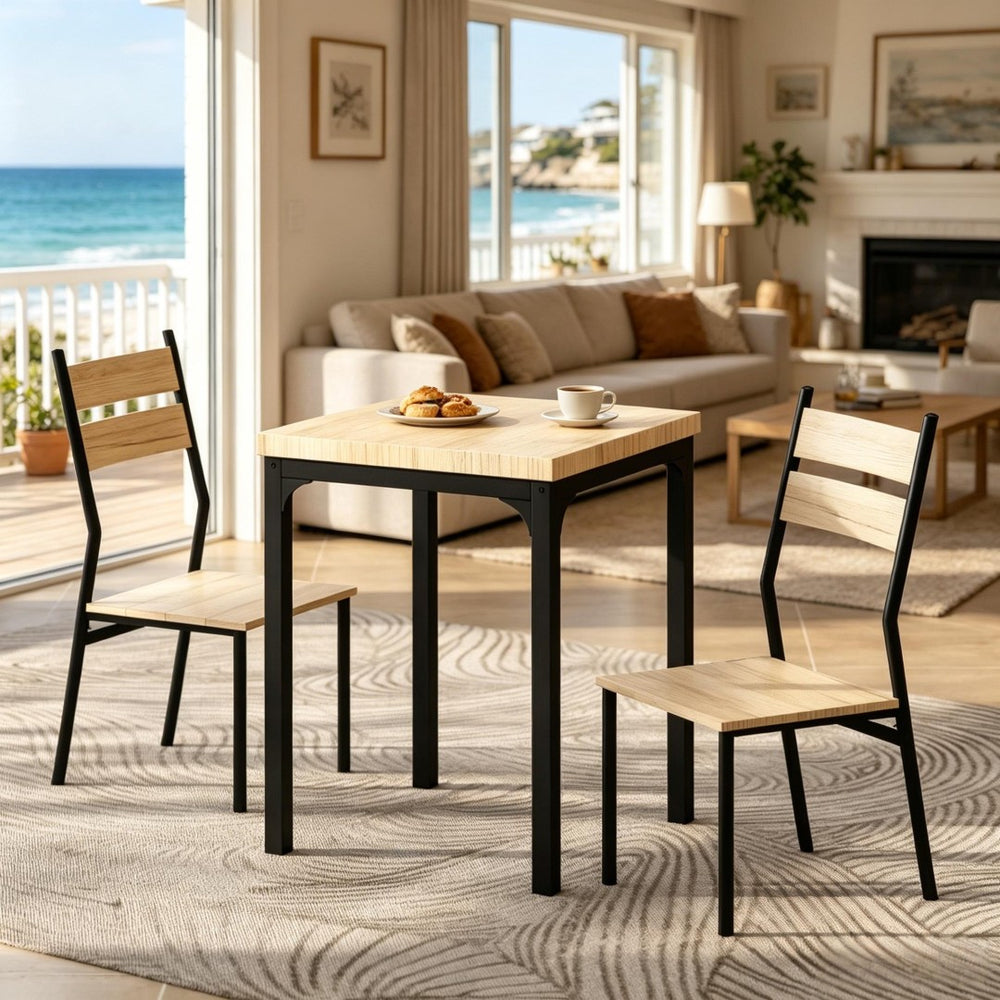 English Elm Morning 3 Piece Dining Set with Wood Grain Top and Black Steel Frame for Small Spaces T3971P523877