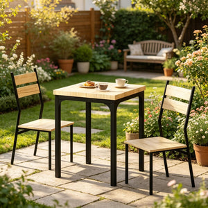 English Elm Morning 3 Piece Dining Set with Wood Grain Top and Black Steel Frame for Small Spaces T3971P523877