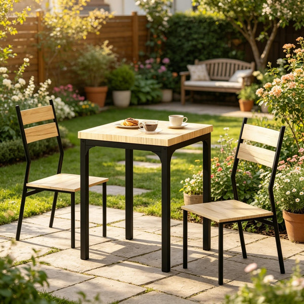 English Elm Morning 3 Piece Dining Set with Wood Grain Top and Black Steel Frame for Small Spaces T3971P523877