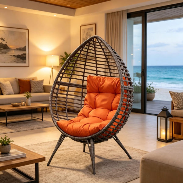 English Elm Stylish Wicker Egg Chair Hand-woven Pe Rattan Bohemian Accent for Sunroom or Patio T3971P526083