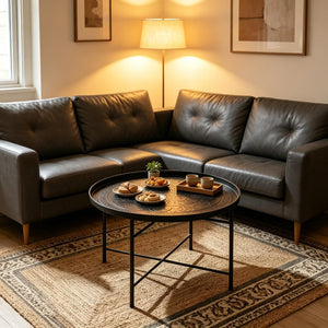 English Elm Metal Round Coffee Table Hammered Floral Tray Bohemian Accent for Living Room T3971P526103