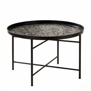 English Elm Metal Round Coffee Table Hammered Floral Tray Bohemian Accent for Living Room T3971P526103