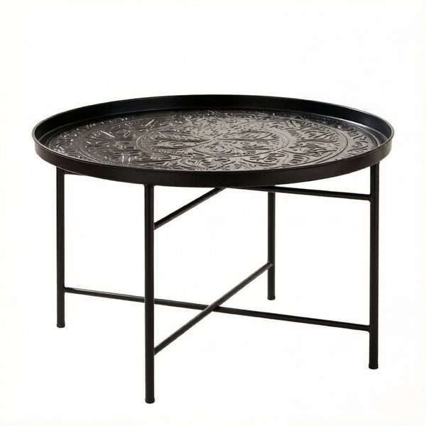 English Elm Metal Round Coffee Table Hammered Floral Tray Bohemian Accent for Living Room T3971P526103