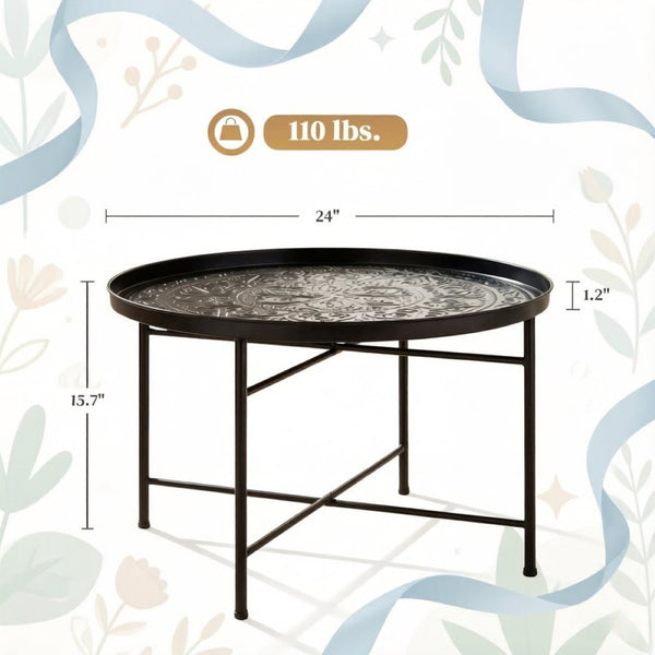 English Elm Metal Round Coffee Table Hammered Floral Tray Bohemian Accent for Living Room T3971P526103