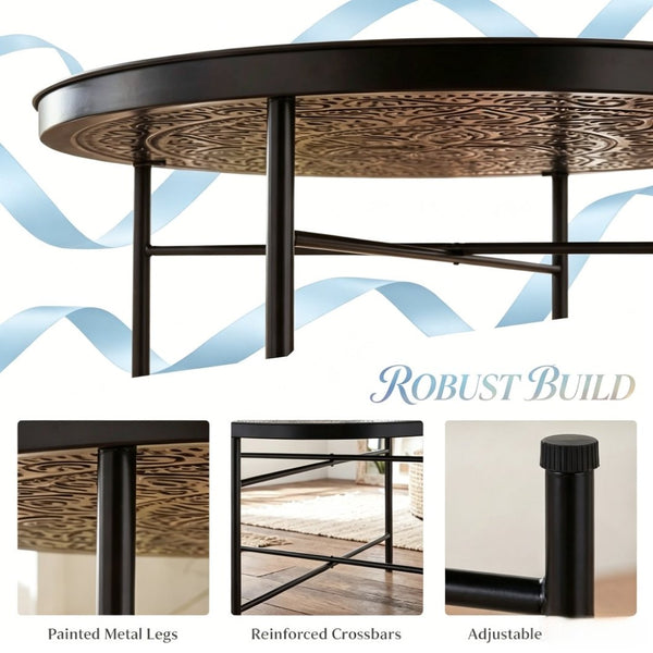 English Elm Metal Round Coffee Table Hammered Floral Tray Bohemian Accent for Living Room T3971P526103