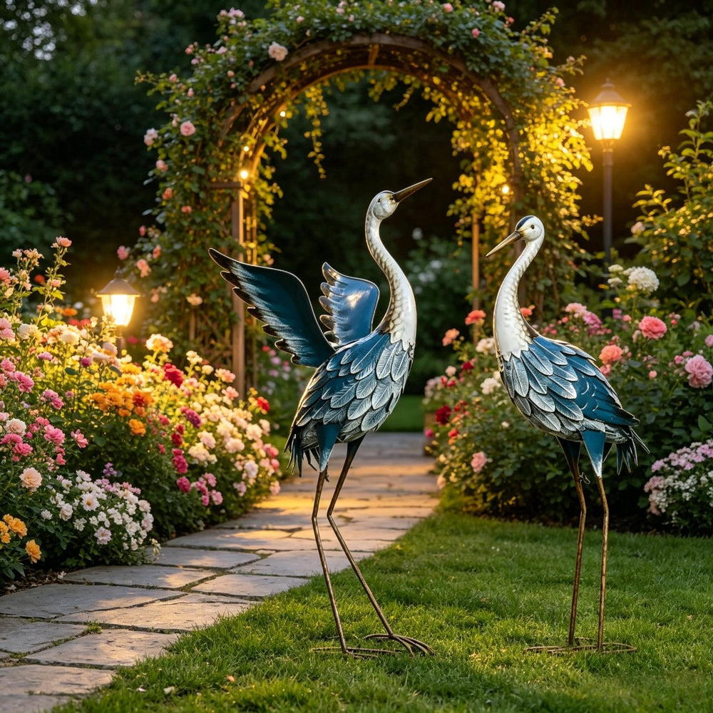 English Elm Heron Garden Statues Pair Hand-painted Steel Sculptures for Outdoor Pond Lawn Decor T3971P527987