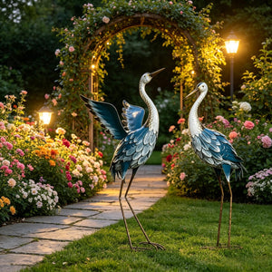 English Elm Heron Garden Statues Pair Hand-painted Steel Sculptures for Outdoor Pond Lawn Decor T3971P527987