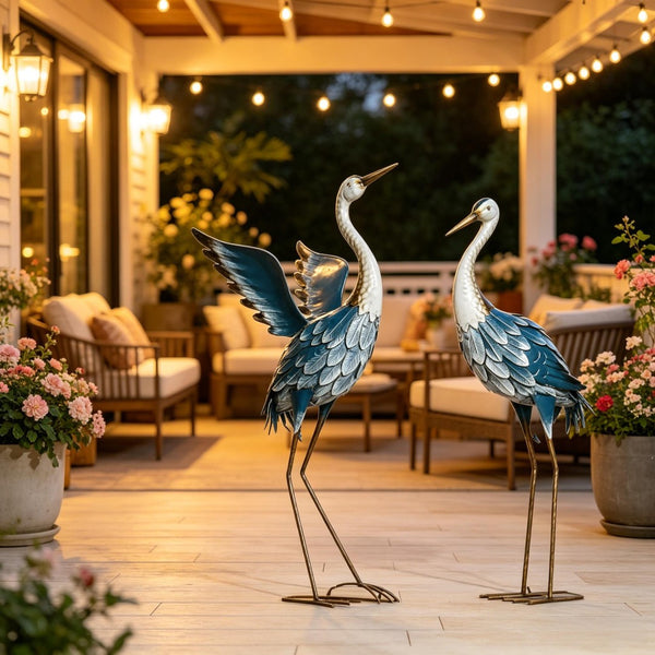 English Elm Heron Garden Statues Pair Hand-painted Steel Sculptures for Outdoor Pond Lawn Decor T3971P527987