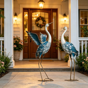 English Elm Heron Garden Statues Pair Hand-painted Steel Sculptures for Outdoor Pond Lawn Decor T3971P527987