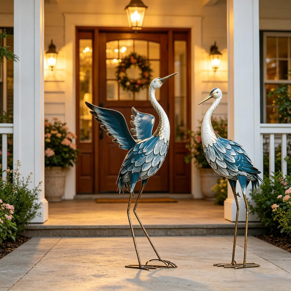 English Elm Heron Garden Statues Pair Hand-painted Steel Sculptures for Outdoor Pond Lawn Decor T3971P527987