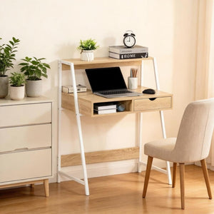 English Elm Modern-style Writing Desk with Steel Frame Drawer and Shelf for Home Office Use T3971P528104