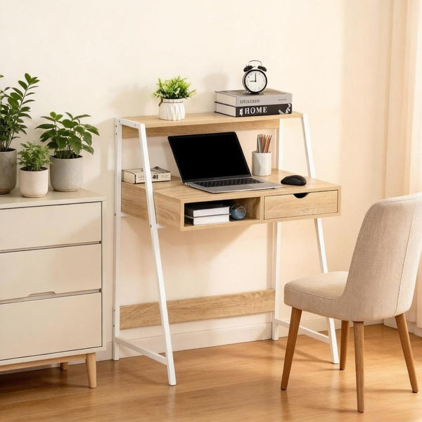 English Elm Modern-style Writing Desk with Steel Frame Drawer and Shelf for Home Office Use T3971P528104