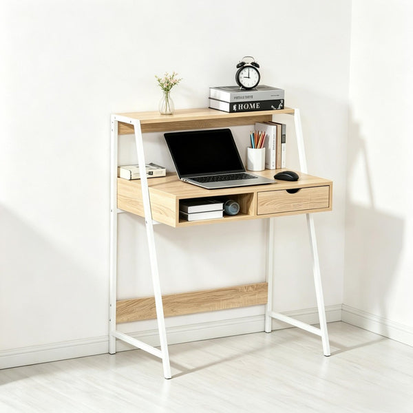English Elm Modern-style Writing Desk with Steel Frame Drawer and Shelf for Home Office Use T3971P528104