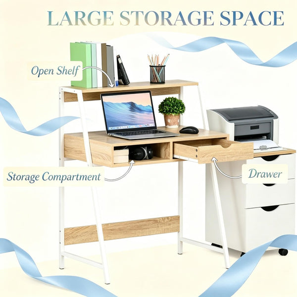 English Elm Modern-style Writing Desk with Steel Frame Drawer and Shelf for Home Office Use T3971P528104