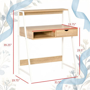English Elm Modern-style Writing Desk with Steel Frame Drawer and Shelf for Home Office Use T3971P528104